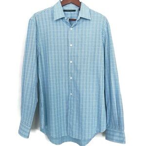 PERRY ELLIS Blue Plaid Long Sleeve Collar Button-Up Shirt 100% Cotton, Medium